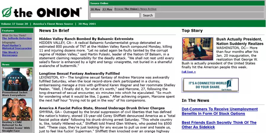 A screenshot of The Onion's home page in 2001
