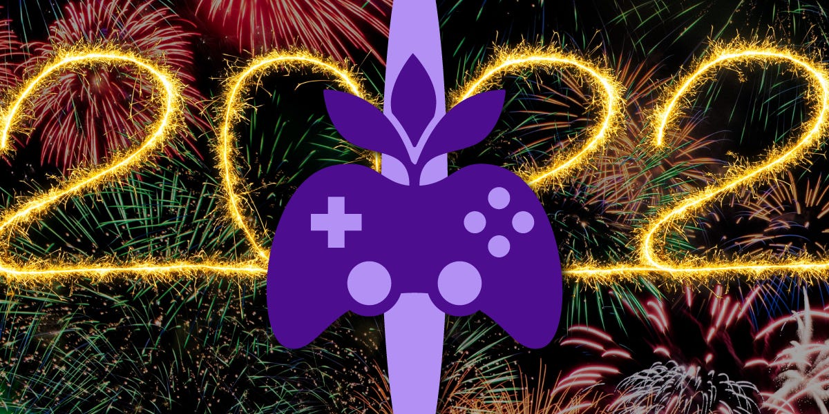 Arte da edição especial de fim de ano. Ao centro, o logo da newsletter, um controle de videogame roxo com um broto roxo saíndo do topo. No fundo, fogos de artifício no céu escuro formam o número 2022.