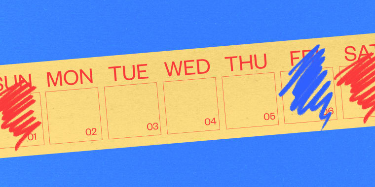 Illustration: A strip of paper showing a calendar week where the Sunday, Friday and Saturday have been scribbled over.