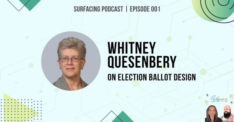 picture of Whitney Quesenbery — and podcast title, Whitney Quesenbery on Election Ballot Design
