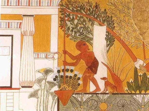 Tomb painting depicting a gardener using a shaduf. Tomb of the Royal Sculptor Ipuy, Deir el-Medina. Dynasty 19, reign of Rameses II, 1279-1213 BCE 