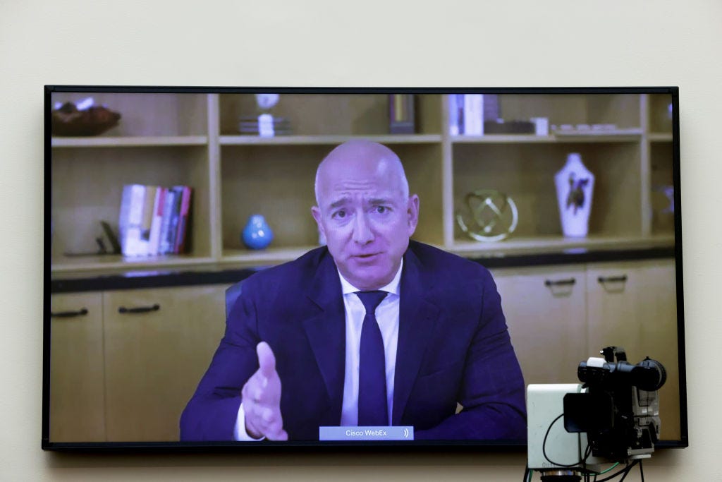 Amazon CEO Jeff Bezos testifies before Congress over video chat last July. Graeme Jennings / Getty Images