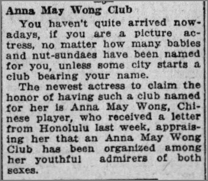 clipping titled "Anna May Wong Club"