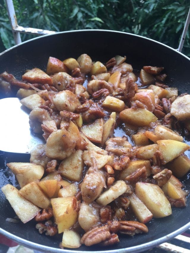 cooked apples, bananas and pecans.