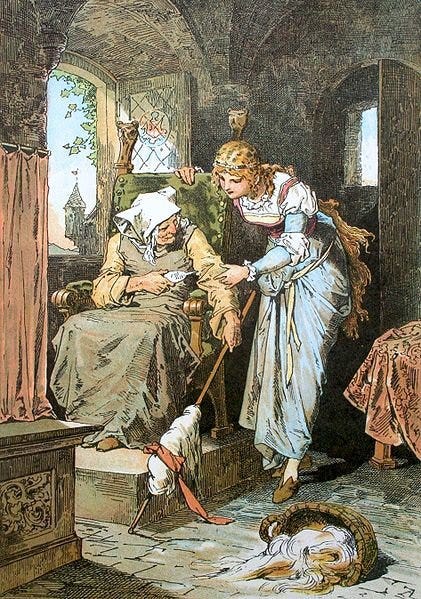 Illustration showing a young blonde woman with a light blue dress next to an old woman. The old woman is sitting on a chair and she is wearing a light green dress and a white veil on her head. she is spinning and she is showing the spindle to the young woman. In the background there are stone walls (of a castle).