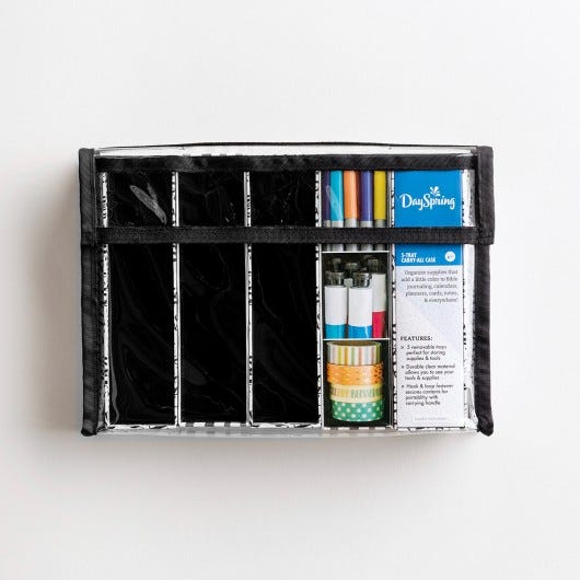 This creative organizer comes with 5 removable trays, perfect for storing supplies and tools. The durable clear material allows you to see what materials you have on hand and a handle for easy portability! This organizer makes a great gift for that specia