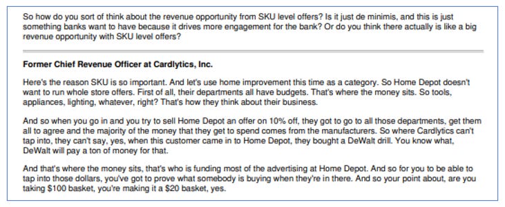 Cardlytics CDLX Quantitative Qualitative Research Notes Swany407 Research Notes Austin Swanson, Competitive Advantages, Dosh, Bridg, product-level offers, new ad server, attribution, conference, presentation, partners, affirm, apple pay, google pay, POS Systems, API, insights, google, facebook, visa, mastercard, concentration, advertisers, risks, BofA renewal, self-service, short thesis, differentiation, execution risk, engagement, insider selling, glassdoor reviews, purchase data, twitter, additional resources, earnings, market price, sentiment, valuation, intrinsic value, measurement, incrementality, multi-touch attribution, marketing mix modeling, total marketing modeling, iOS14.5, IDFA, growth, massive scale, loyalty programs, 100 bagger, charlie munger, LTV/CAC, ROAS, total addressable market, TAM, $CDLX , Discussions on Chase, New Ad Server, New Banks / Neobanks, New CEO, BofA Renewal, Bridg, Dosh, Local Offers, Self-Service, Figg, Karim Temsamani, Credit Karma, Bridg, Dosh, BofA Renewal, Starbucks, Peter Chan, Jose Singer, CDLX 2.0, chase migrating to the new ad server, chase updates, chase acquiring figg