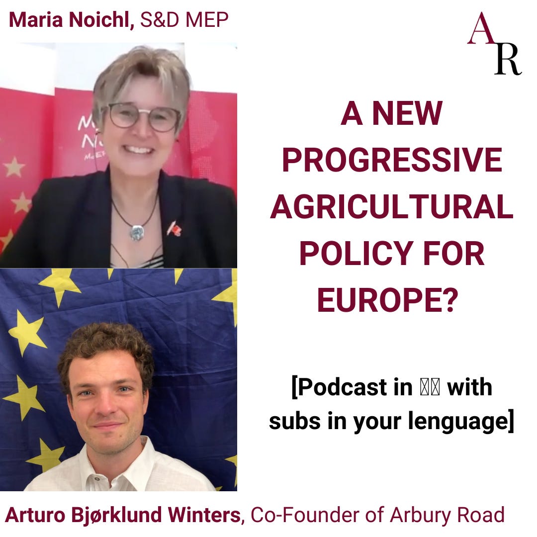 May be an image of 2 people and text that says "Maria Noichl, S&D MEp N MeET A NEW PROGRESSIVE AGRICULTURAL POLICY FOR EUROPE? [Podcast in å区 with subs in your lenguage] Arturo Bjorklund A Winters, Co-Founder of Arbury"