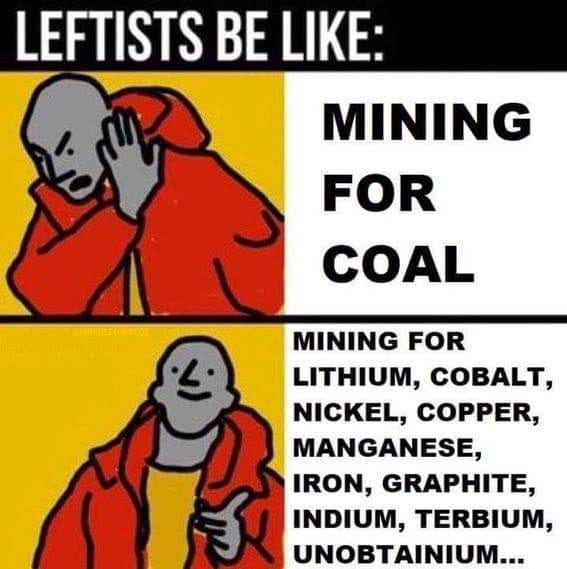 May be an image of text that says 'LEFTISTS BE LIKE: MINING FOR COAL MINING FOR LITHIUM, COBALT, NICKEL, COPPER, MANGANESE, IRON, GRAPHITE, INDIUM, TERBIUM, UNOBTAINIUM...'