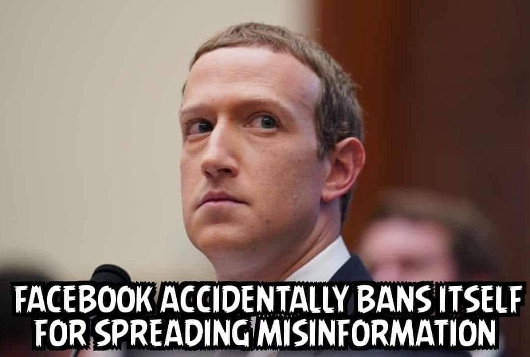 May be an image of ‎1 person and ‎text that says '‎د FACEBOOK ACCIDENTALLY BANS ITSELF FOR SPREADING MISINFORMATION‎'‎‎
