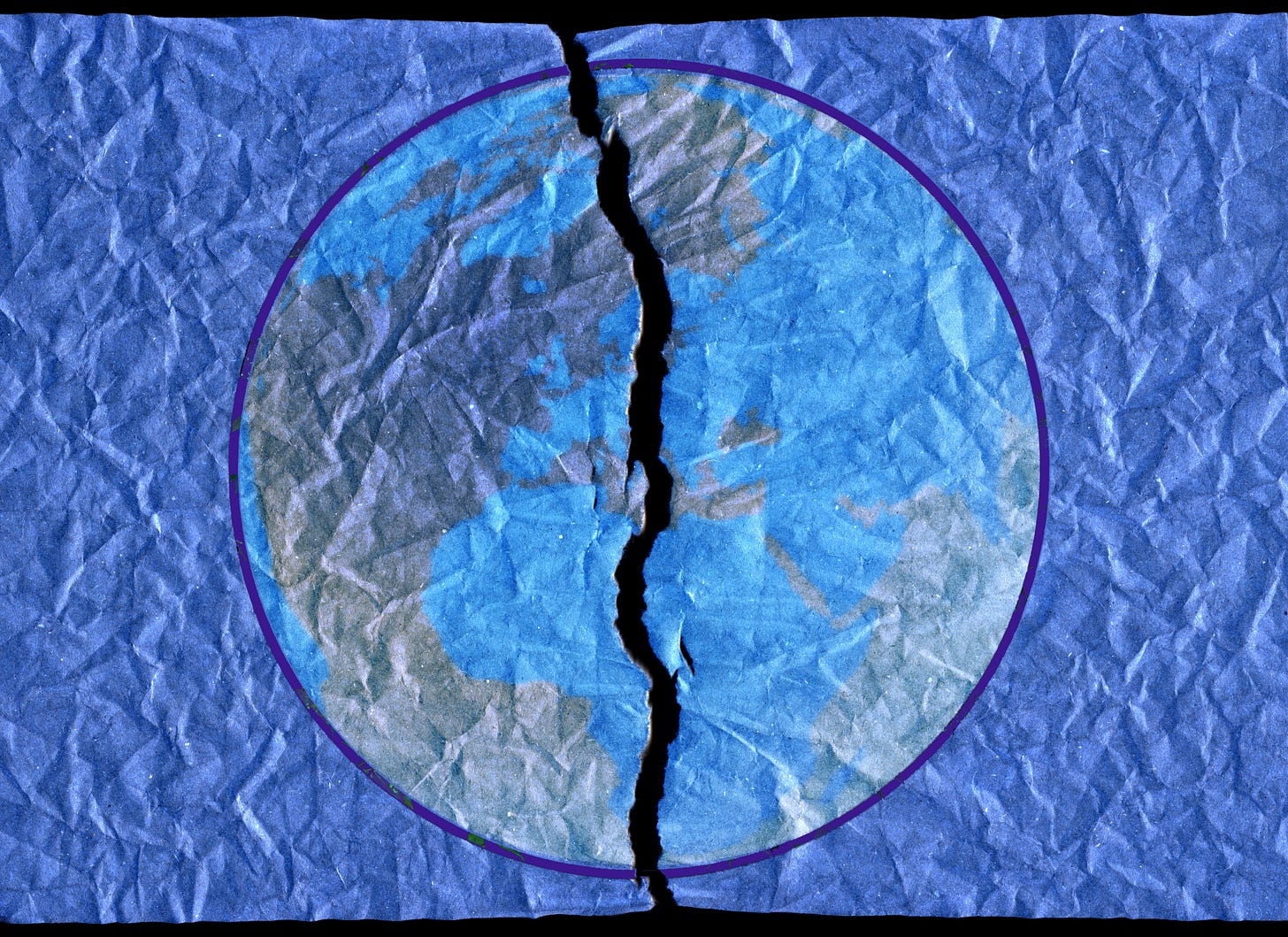 A drawn earth in blue tones, drawn on a crumpled piece of blue paper, vertically ripped in half on top of a black background