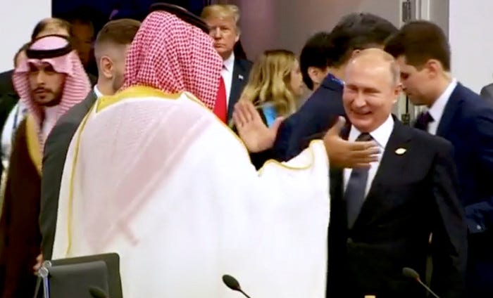 Saudi Arabia’s Crown Prince Mohammed bin Salman greets Russia’s President Vladimir Putin during the opening of the G20 leaders summit in Buenos Aires in 2018