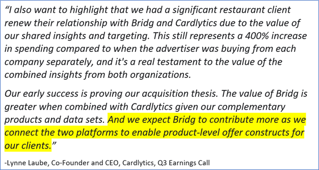 Cardlytics ($CDLX): The Power of Bridg (and Why CDLX is Undervalued), Gross Profit, Ad Spend, SMB, POS Systems, $PAR, $NCR, $TOST, $SQ, Growth, Swany407, Austin Swanson, Product-Level Offers, SKU Data, Lynne Laube, Q3