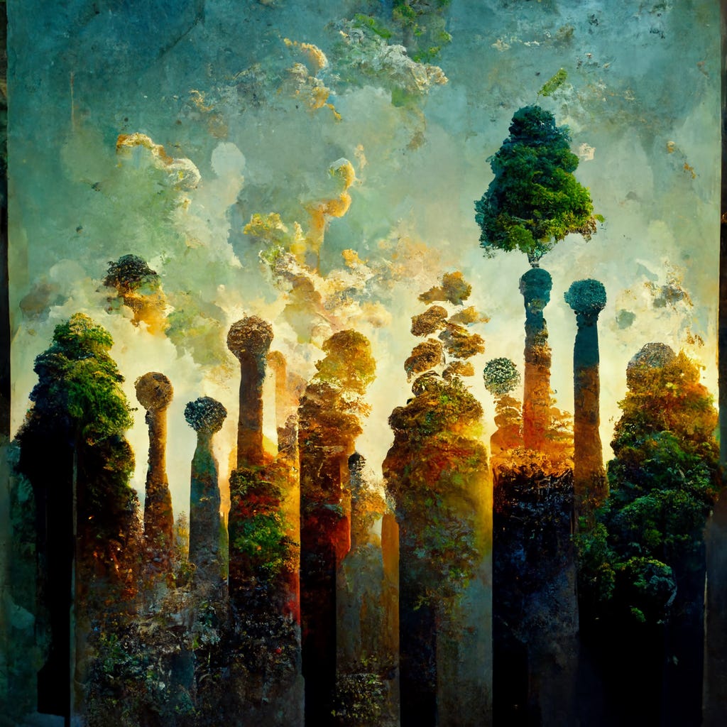 MidJourney AI generated image prompted by " ecology complexity people trees fungus connected cities anthropocene odysseus laertes abstract sunlight hope"