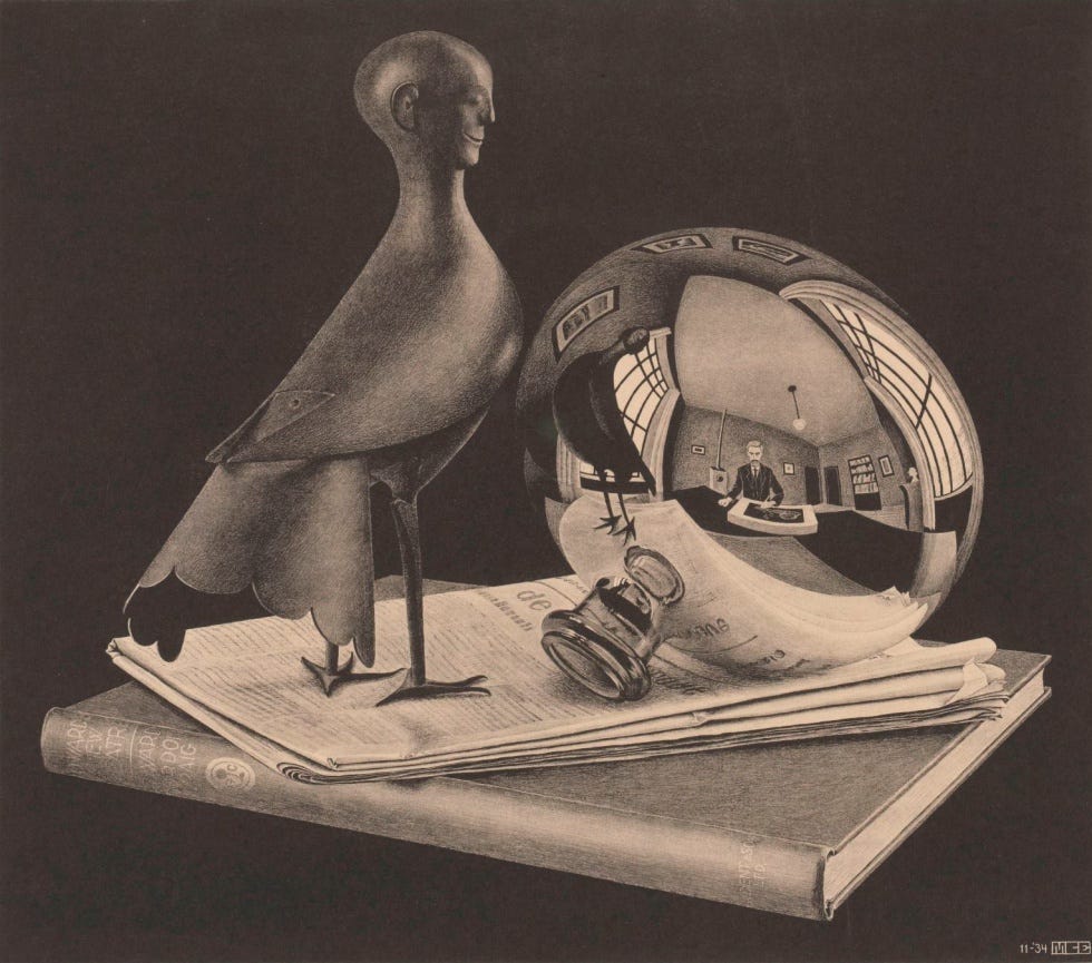 Escher, cuadro pajaro con cabeza de hombre