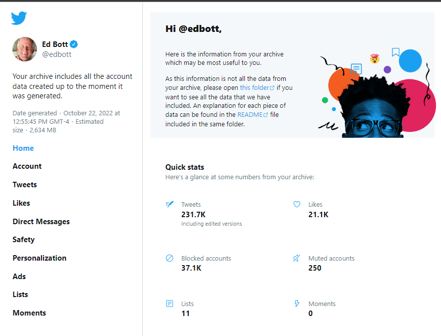The web page for a downloaded Twitter archive, with a list of categories on the left and Quick Stats on the right.