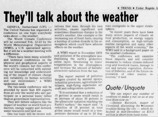 February 1979 article in the Cedar Rapids Gazette entitled “They’ll talk about the weather,” about the World Climate Conference that year, focusing on climate change.