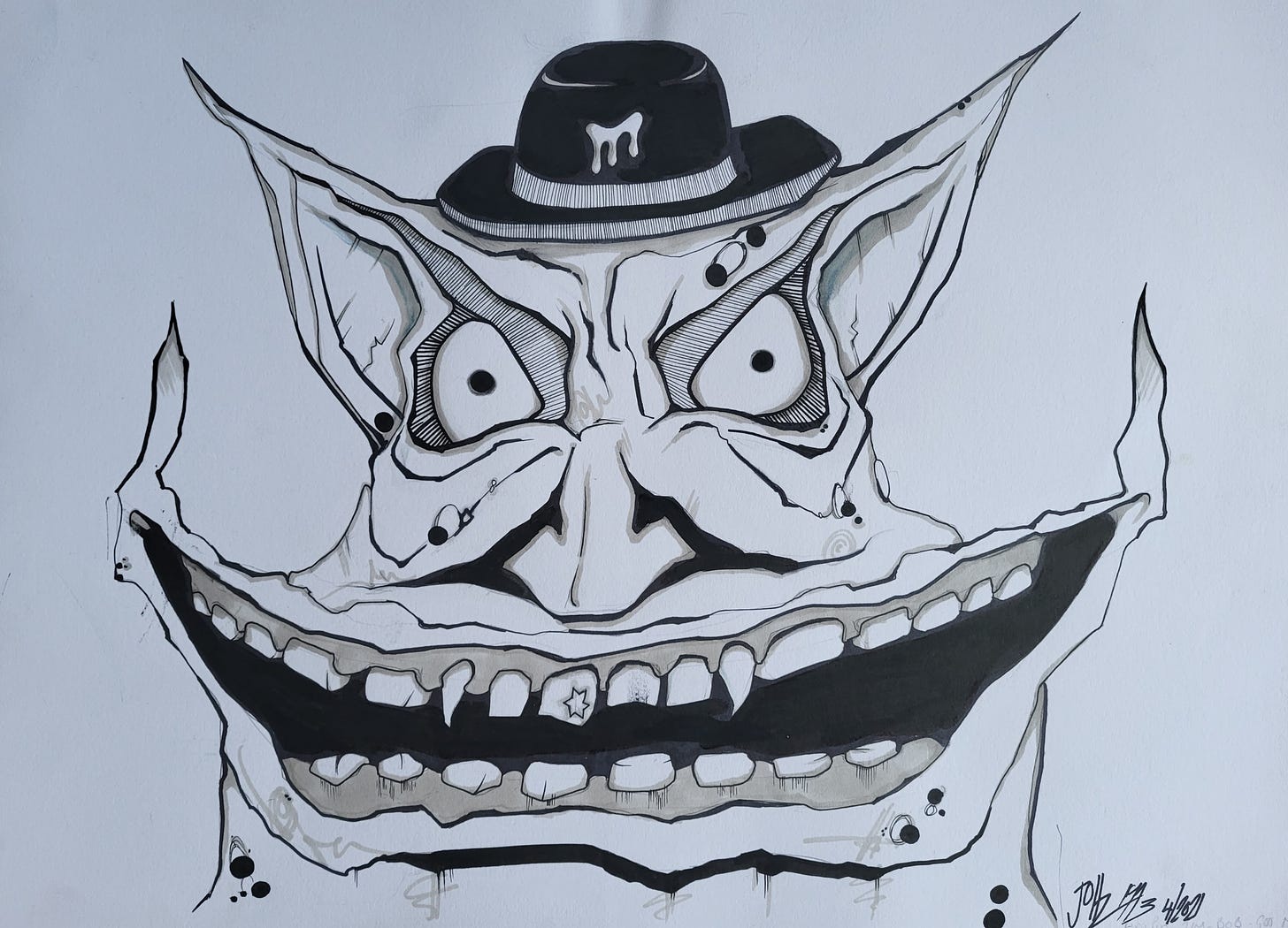 Drawing: a person with a grotesquely wide smile, many teeth and pointy ears, wearing a hat with a gloppy symbol on it