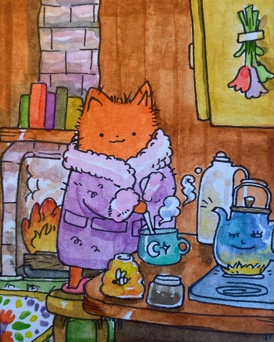 Very cute illustration of a little fox in a fluffy purple bathrobe making themselves a hot drink. The mug has a moon and star on it and is steaming. The blue kettle is winking at them. The fire is roaring in the fireplace behind them. They look so happy.