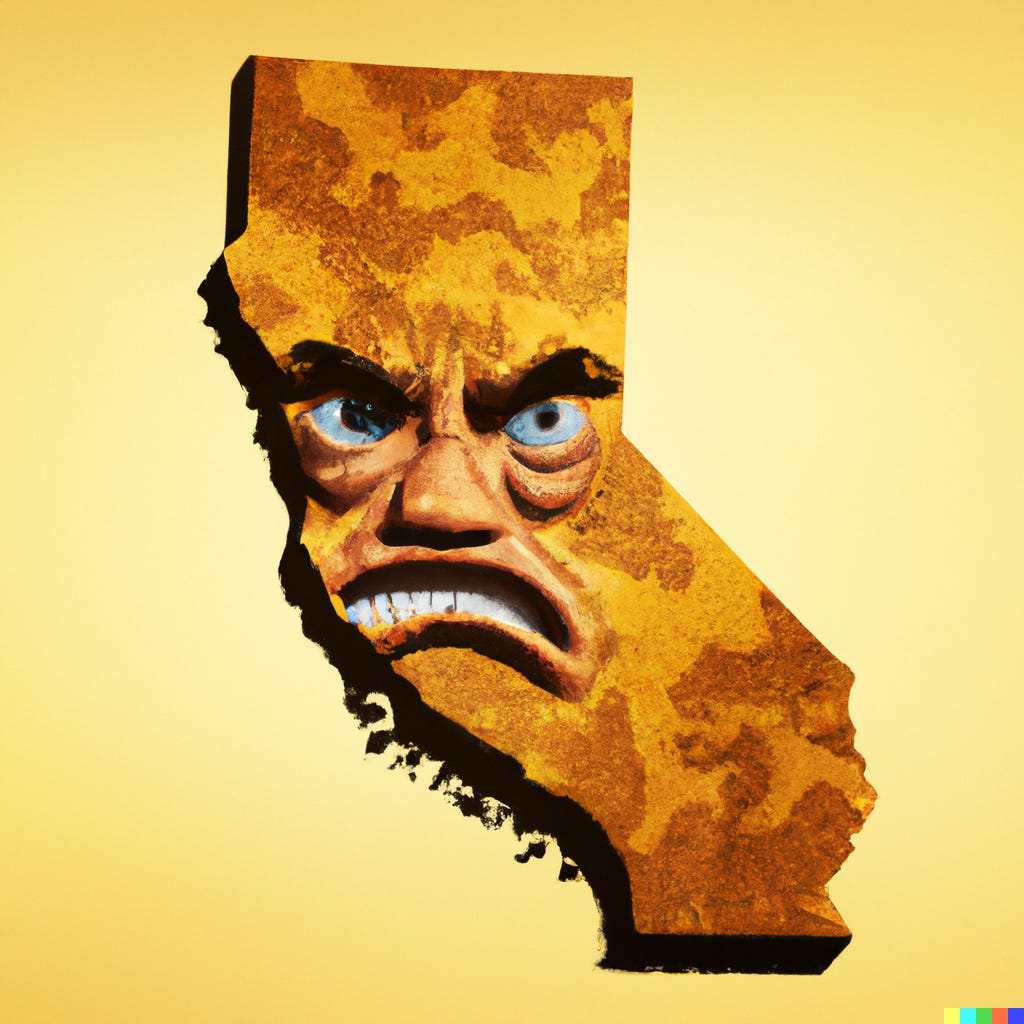 “a map of California with an angry face, digital art, as interpreted by OpenAI’s DALL-E
