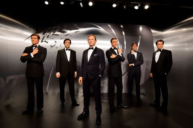 Madame Tussauds London today revealed wax figures of ALL SIX James Bonds, with five completely new wax 007s joining the existing figure of Daniel Craig.