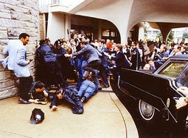 The scene following the jealousy-provoking March 1981 attempt on Ronald Reagan's life.