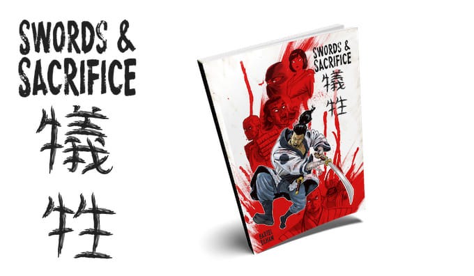 May be an illustration of text that says 'SWORDS & SACRIFICE 犧 SWORDS & SACRIFICE 犧 牲'