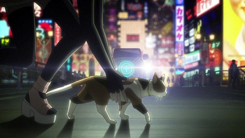 Screenshot from Akudama Drive. A person stoops to pick up a cat walking through a neon-lit street.