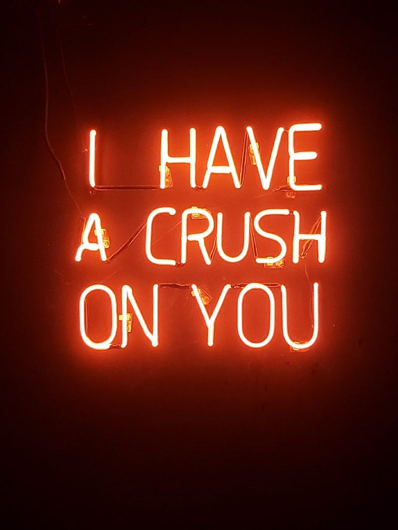 A neon sign saying, “I have a crush on you”