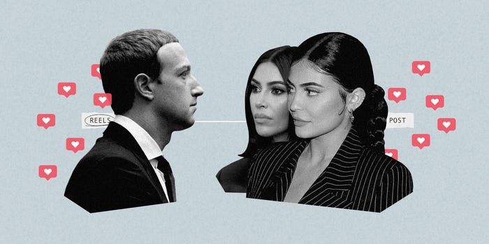 Instagram's heart icon and reel and post option around Mark Zuckerberg, on the left, looking at Kim Kardashian and Kylie Jenner, on the right.