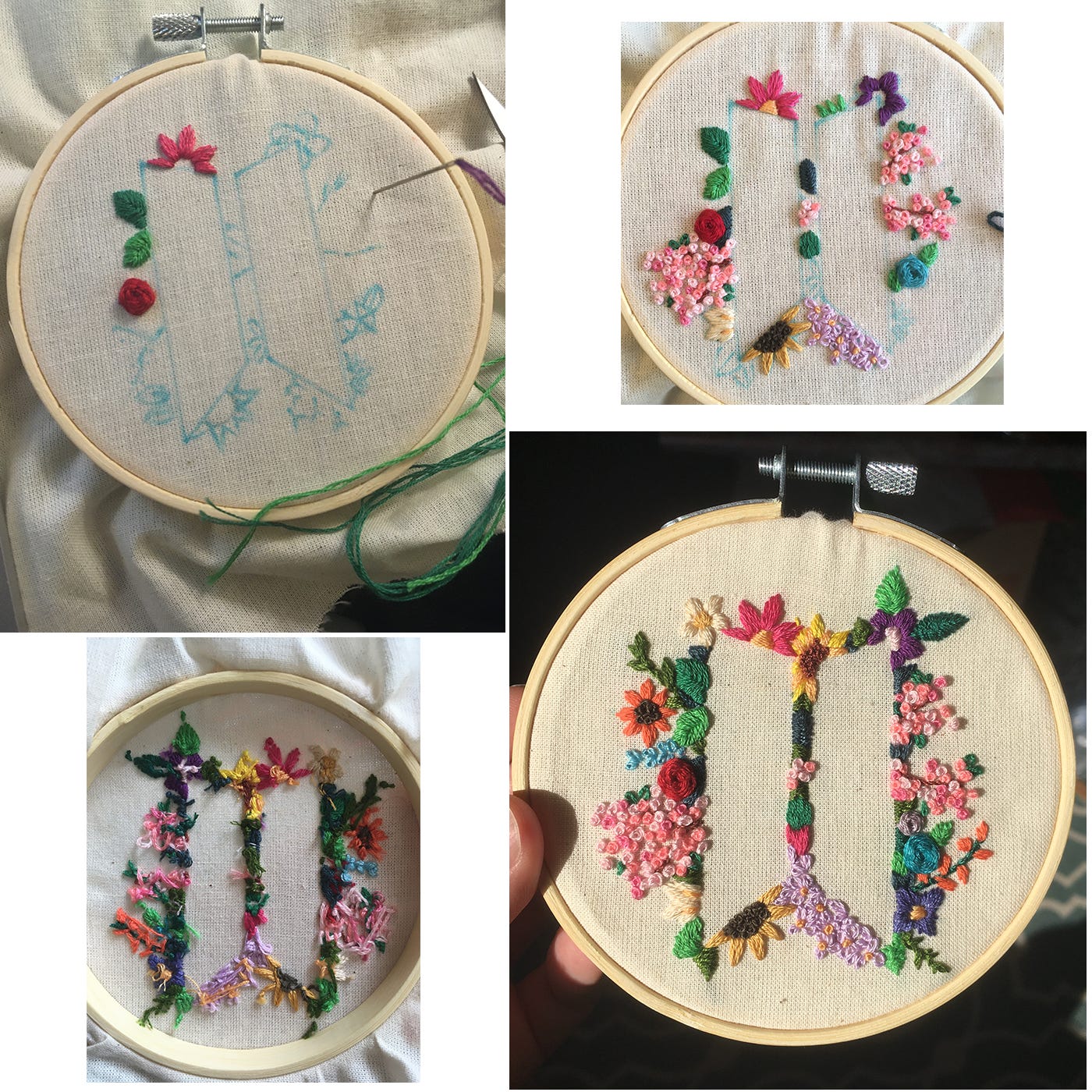 Progress photos for embroidery of BTS logo 