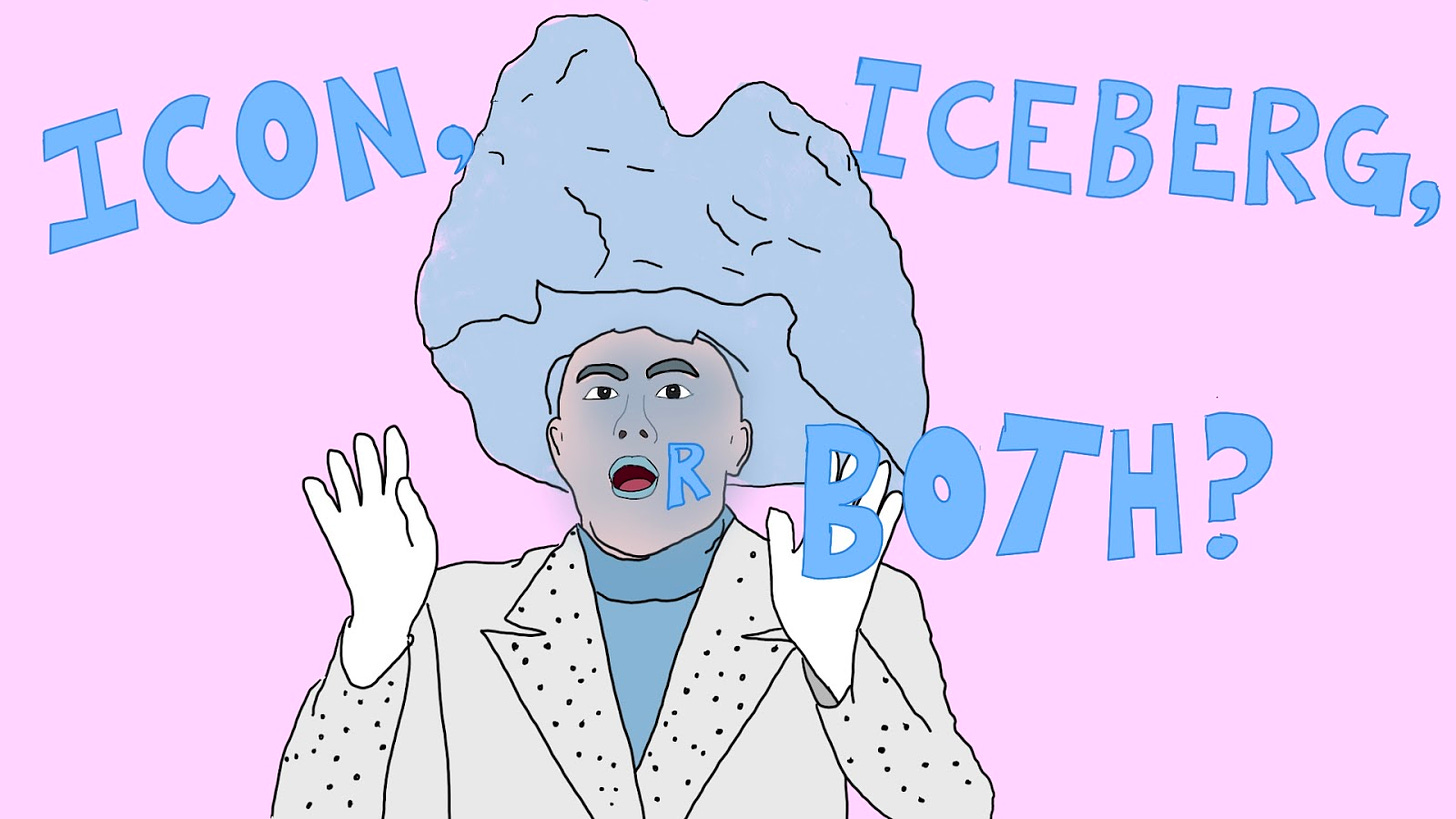 Doodle of Bowen Yang against a light pink background dressed up as the Iceberg that sank the Titanic - he wears a hat shaped like the tip of an iceberg, a grey-white blazer with rhinestones, blue turtleneck, white gloves, blue lipstick, complete with a blue-ish face setting powder. He’s accompanied with the phrase “Icon, iceberg, or both?”