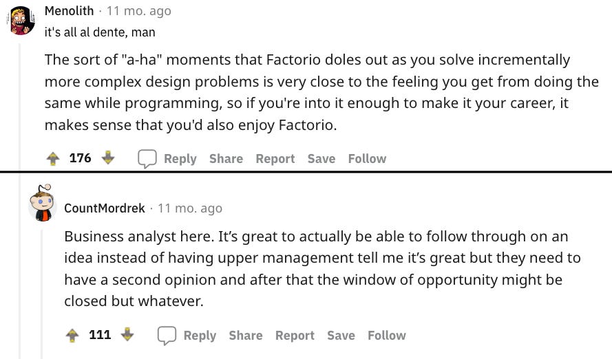 reddit users, describing their positive experiences with the game factorio