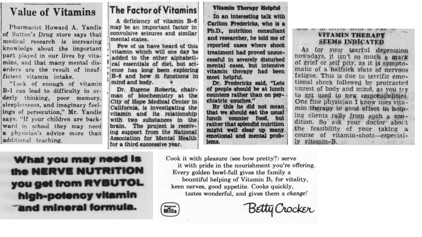A series of newspaper articles and ads all of which tout the benefits of vitamin B on the "nerves."