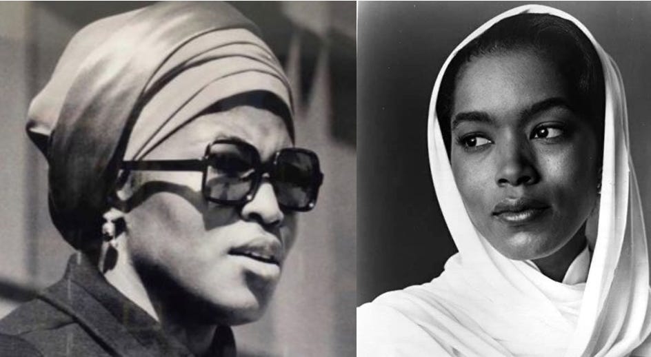 This diptych shows Betty Shabazz, Malcolm X's widow, on the left and Angela Bassett, who plays Dr. Shabazz in Spike Lee's Malcolm X, on the right. This diptych shows Betty Shabazz, Malcolm X's widow, on the left and Angela Bassett, who plays Dr. Shabazz in Spike Lee's Malcolm X, on the right.