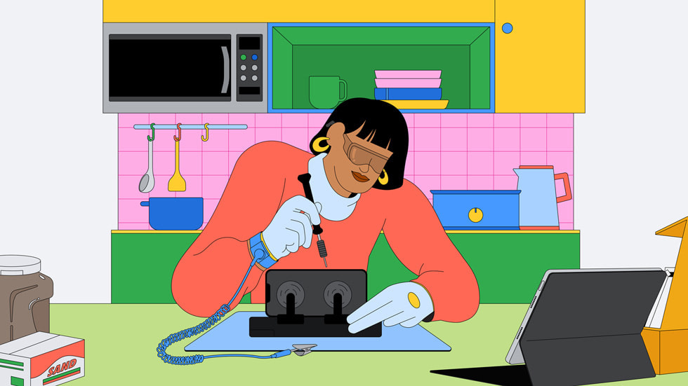 Illustration of a woman repairing an iPhone.