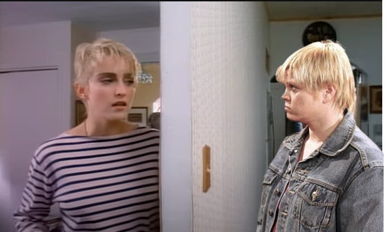 A comp image of a screenshot from the Papa Don't Preach video showing Madonna facing Corrie's Janice Battersby. they both have the same haircut
