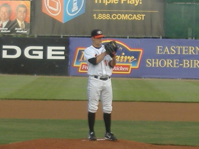 Ryan O'Shea on the mound May 23rd against Kannapolis. This game started a four-start stretch where he dominated opposing batters, allowing just 5 earned runs in 28 innings, fanning 20 while walking just 3 and allowing no walks in three straight starts.