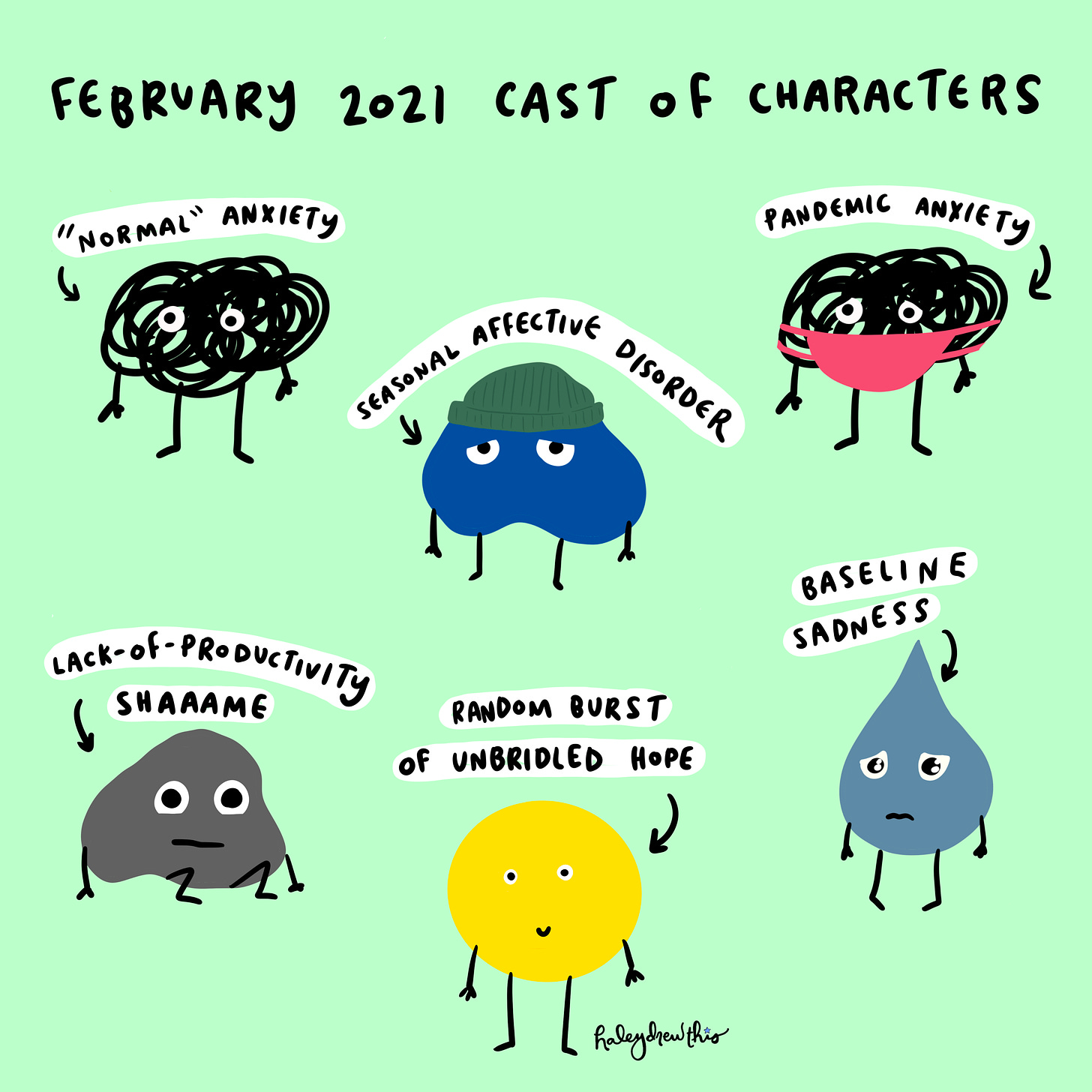 Title: February 2021 Cast of Characters. Illustration: little characters with the following titles: "Normal" Anxiety, Pandemic Anxiety, Seasonal Affective Disorder, Lack-of-Productivity Shame, Random Burst of Unbridled Hope, and Baseline Sadness