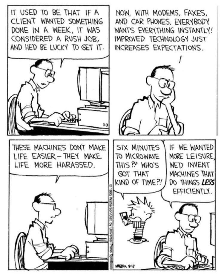 A Calvin and Hobbes comic strip featuring Calvin’s dad venting about the burdens of modern technology.