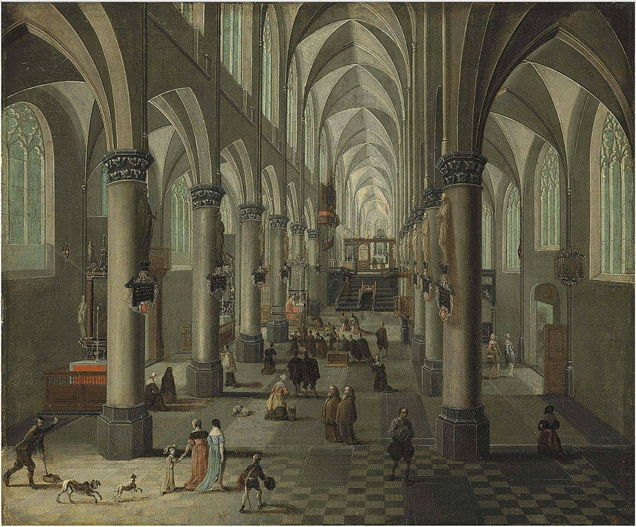 File:Pieter Neefs II - Interior of a Gothic church with elegant figures and  dogs in the foreground and a Mass beyond.jpg - Wikimedia Commons