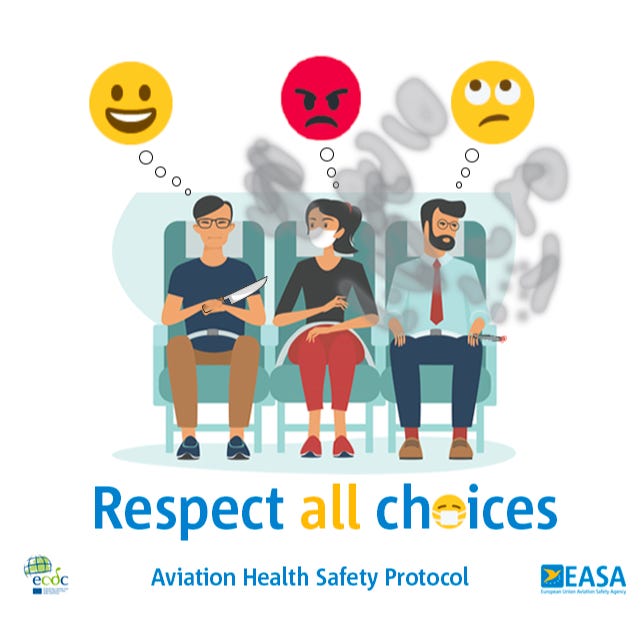 EASA Aviation Health Safety Protocol graphic released for the relaxation of covid19 measures for air travelers shows 3 people sitting in airplane seats only one is masked in the middle and the other 2 are not, and the unmasked guy on the left has a happy smiley emoji above him, the woman masked in the middle has an angry emoji above her head, and the other unmasked man has an eyes rolling emoji above his head and the caption reads respect all choices the image has been altered to include the man on the right smoking a cigarette with the smoke going all around him and the woman in the middle The man on the left is holding a big knife 