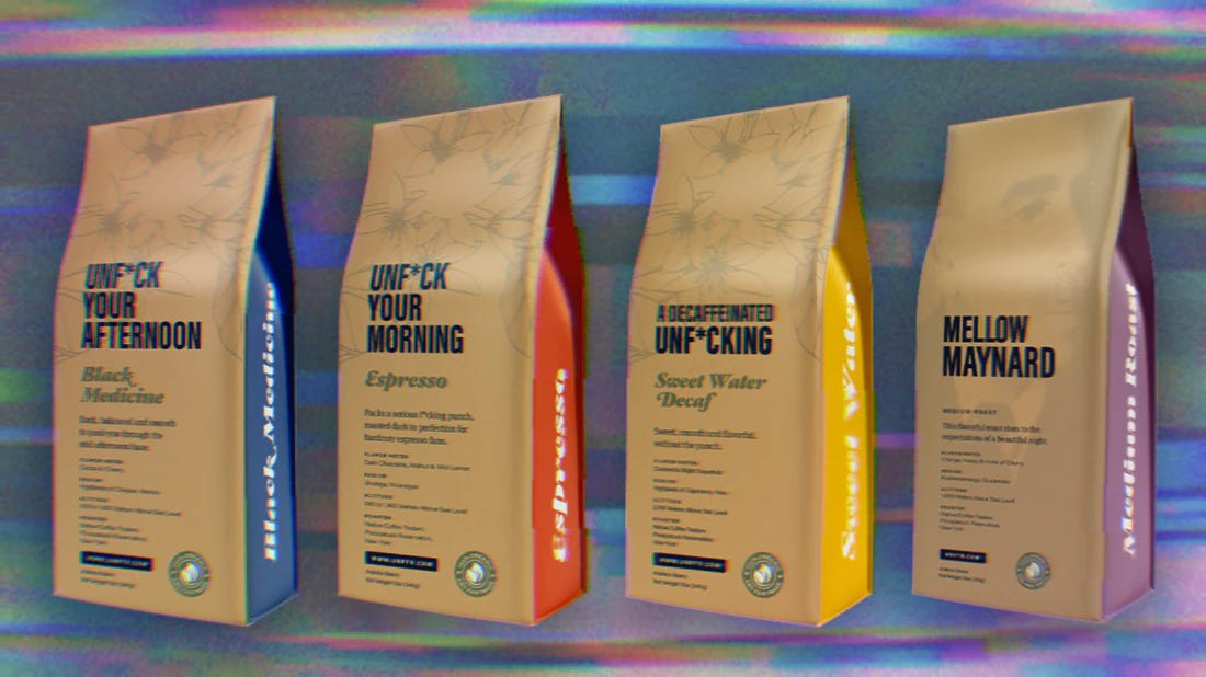 Unf*cking Coffee Bags lined in a row with a rainbow glitchy background