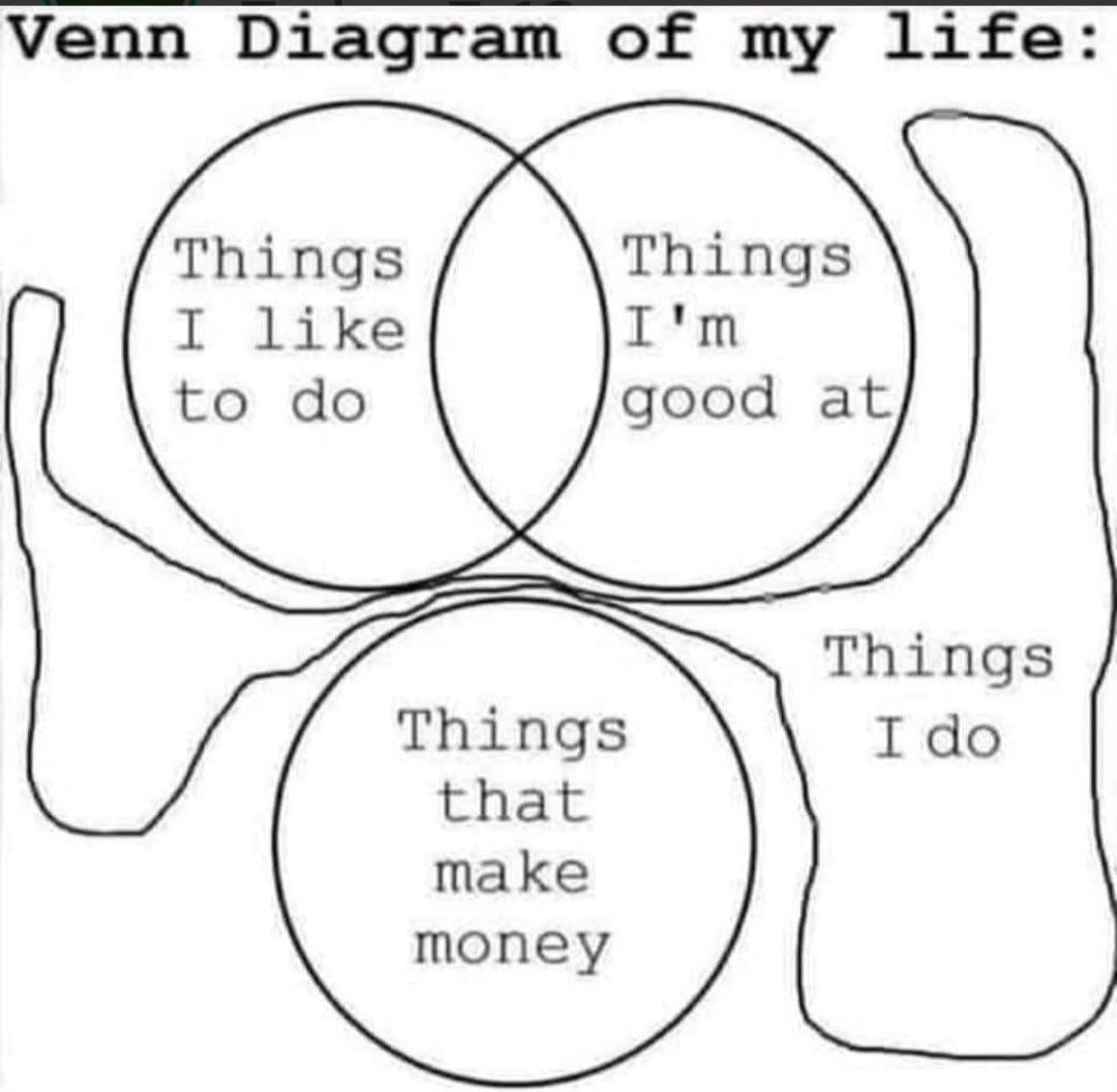Image may contain: text that says 'Venn Diagram of my life: Things I like to do Things I'm good at Things I do Things that make money'