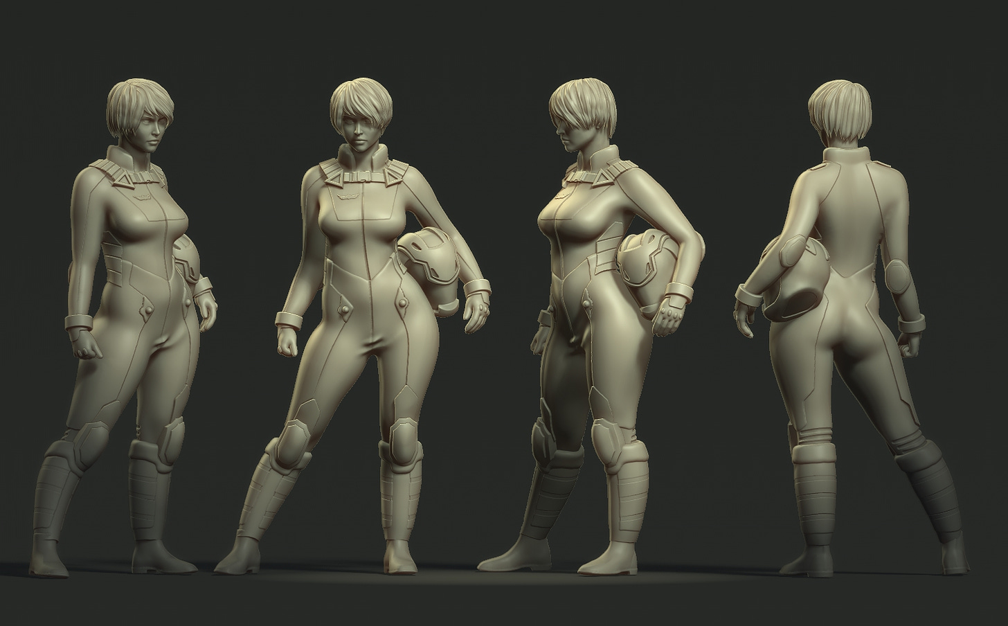 A 3D model in a basic color showing Theda from the front back and sides with her short hair and posed with her hips to the side while holding her helmet beneath her arm