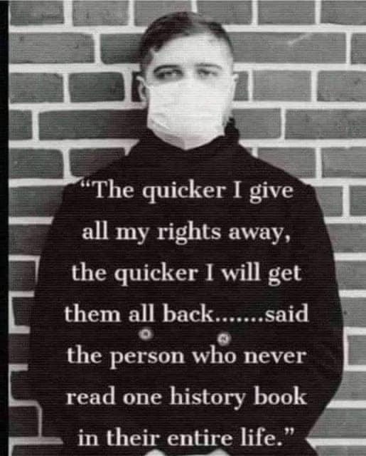 May be a black-and-white image of 1 person and text that says 'E "The quicker I give all my rights away, the quicker I will get them all back.......said the person who never read one history book in their entire life."'