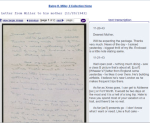 Screenshot from the online presentation of the Ewing Miller collection, showing the original letter beside the transcript.