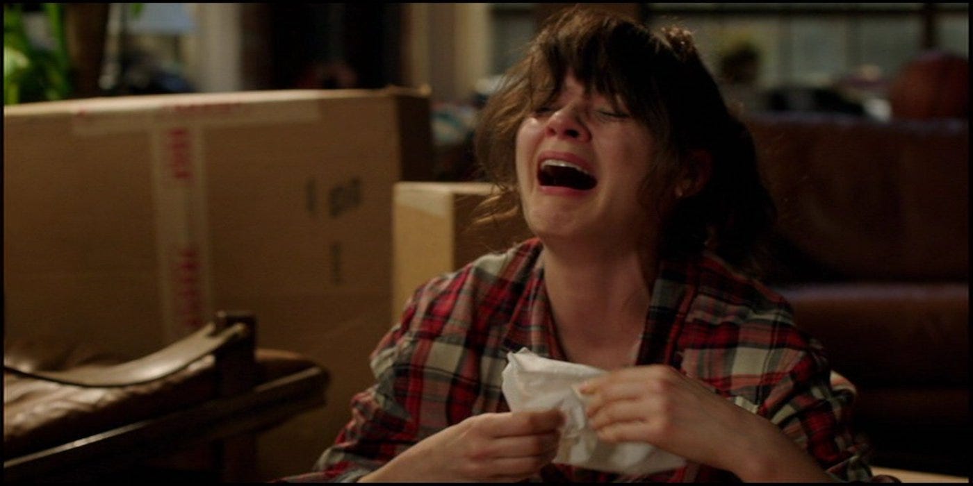 Jessica Day sobbing while watching Dirty Dancing.