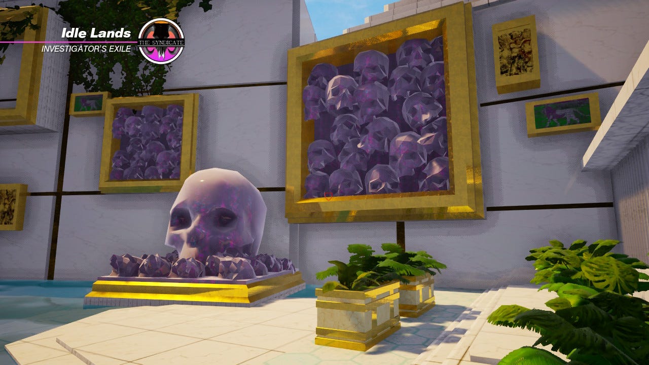 The Idle Lands in Paradise Killer. A large purple opal skull centrepiece is surrounded by smaller opals, and accompanied either side by framed clusters of opal skulls crammed together. It looks luxurious and artistic.