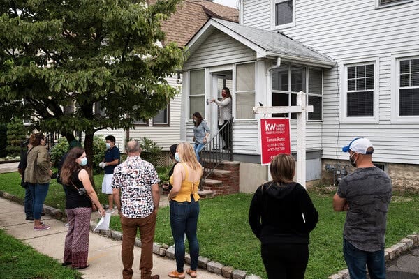 A queue for an open house in Belleville, a New Jersey township west of Manhattan, on a recent Sunday. Buyers have expressed worries about the health risks of crowded urban neighborhoods.